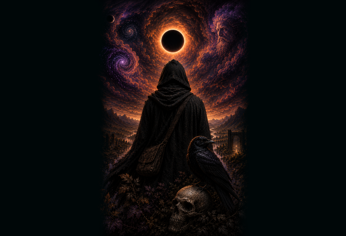 A hooded traveler beneath a black sun with a raven and skull